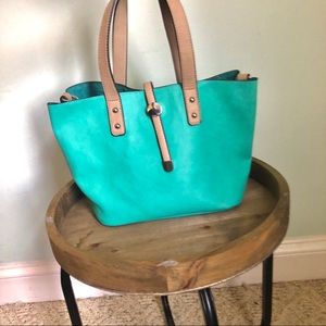 Teal leather tote